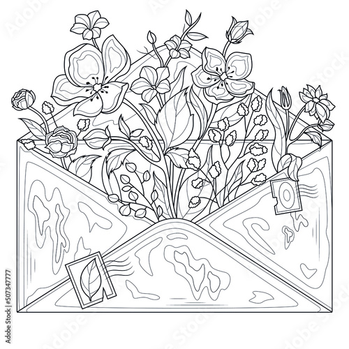 Envelope with flowers.Coloring book antistress for children and adults. Illustration isolated on white background.Zen-tangle style. Hand draw
