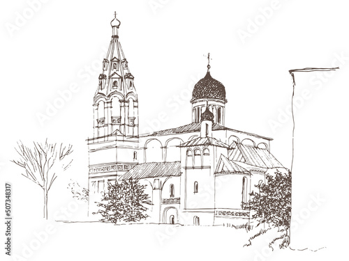 Vintage brown colored Ink and pen hand drawn landscape.Vector traced linear sketch, a church in the ancient Russian style with onion dome and a bell tower with a hipped roof 