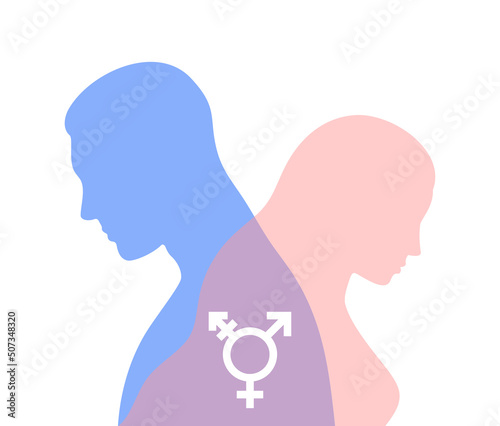 Male blue and female pink translucent silhouettes with white transgender sign in the middle