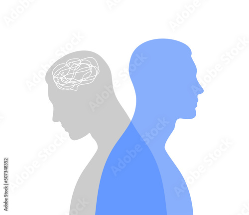 Blue male silhouette in profile with a translucent gray projection. Mental health concept. Duality and hidden emotions