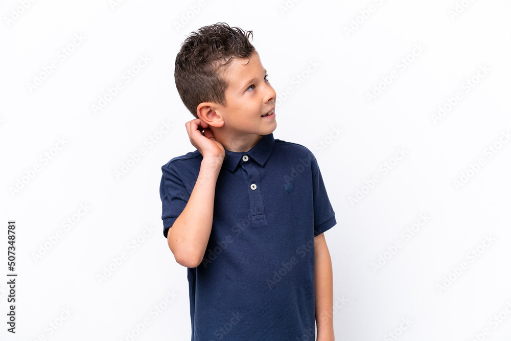 Little caucasian boy isolated on white background thinking an idea Little caucasian boy isolated on white background thinking an idea