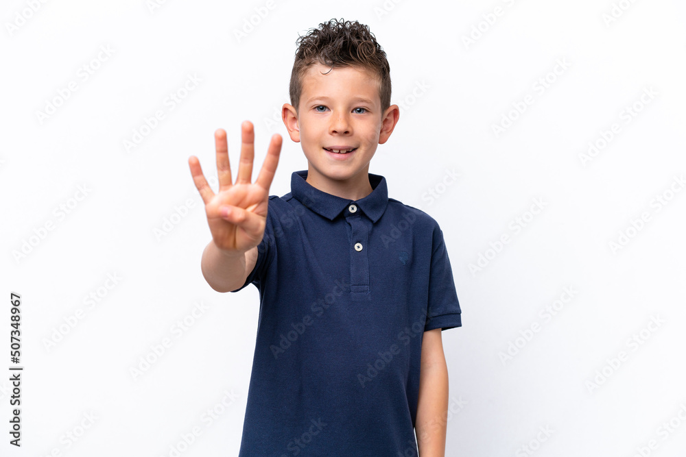 Little caucasian boy isolated on white background happy and counting four with fingers Little caucasian boy isolated on white background happy and counting four with fingers