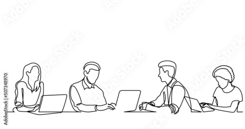 vector illustration of continuous line drawing of office workers at business meeting solving work tasks