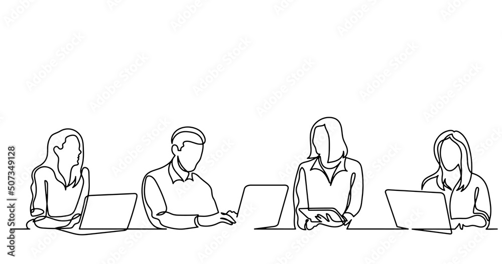 vector illustration of continuous line drawing of office workers at business meeting solving work tasks vector illustration of continuous line drawing of office workers at business meeting solving work tasks