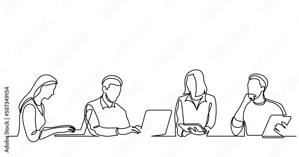 vector illustration of continuous line drawing of office workers at business meeting solving work tasks vector illustration of continuous line drawing of office workers at business meeting solving work tasks