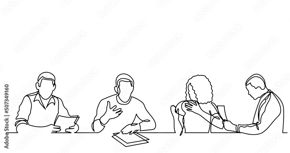 vector illustration of continuous line drawing of office workers at business meeting solving work tasks vector illustration of continuous line drawing of office workers at business meeting solving work tasks