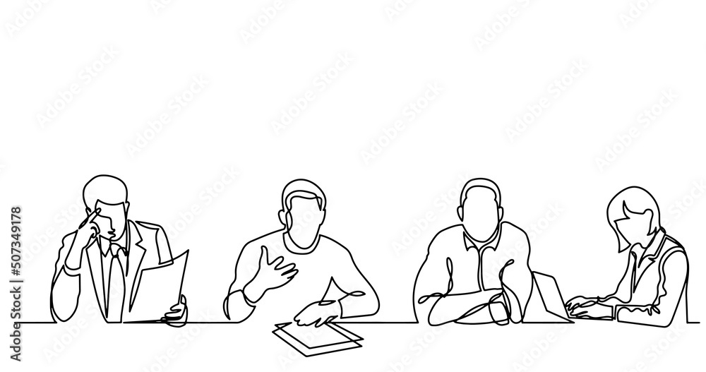vector illustration of continuous line drawing of office workers at business meeting solving work tasks vector illustration of continuous line drawing of office workers at business meeting solving work tasks
