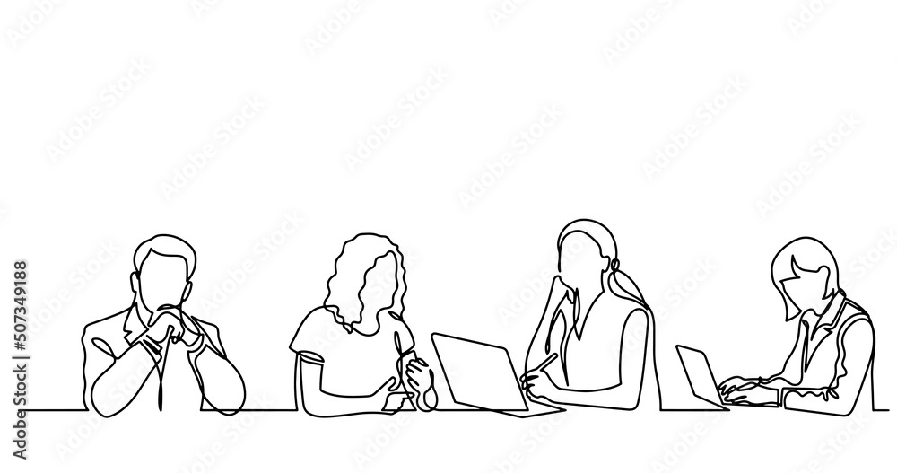 vector illustration of continuous line drawing of office workers at business meeting solving work tasks vector illustration of continuous line drawing of office workers at business meeting solving work tasks