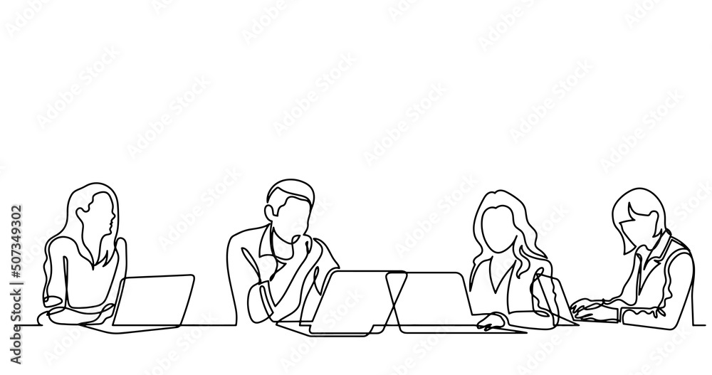 vector illustration of continuous line drawing of office workers at business meeting solving work tasks vector illustration of continuous line drawing of office workers at business meeting solving work tasks