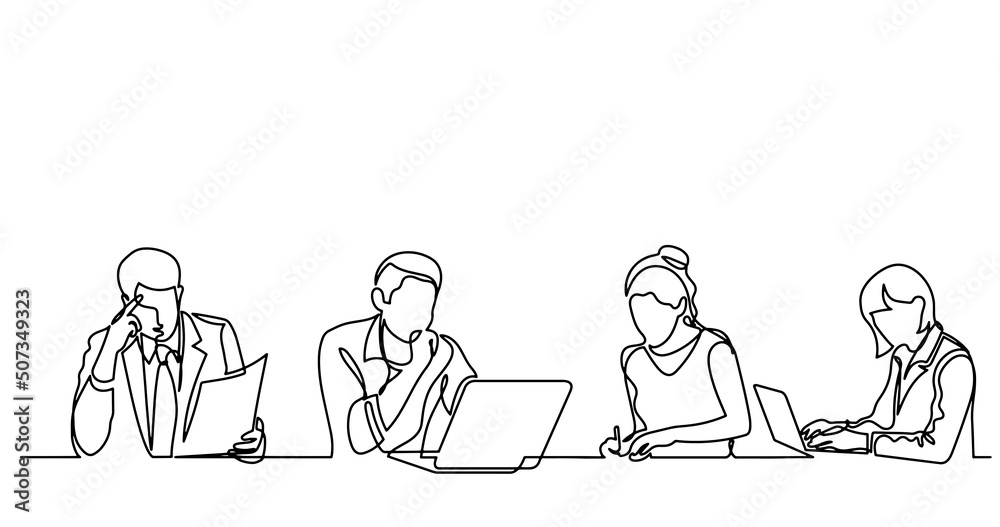 vector illustration of continuous line drawing of office workers at business meeting solving work tasks vector illustration of continuous line drawing of office workers at business meeting solving work tasks