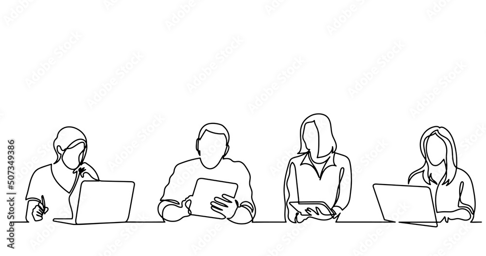 vector illustration of continuous line drawing of office workers at business meeting solving work tasks vector illustration of continuous line drawing of office workers at business meeting solving work tasks