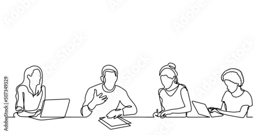vector illustration of continuous line drawing of office workers at business meeting solving work tasks