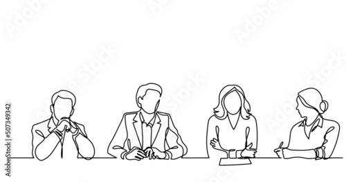 vector illustration of continuous line drawing of office workers at business meeting solving work tasks