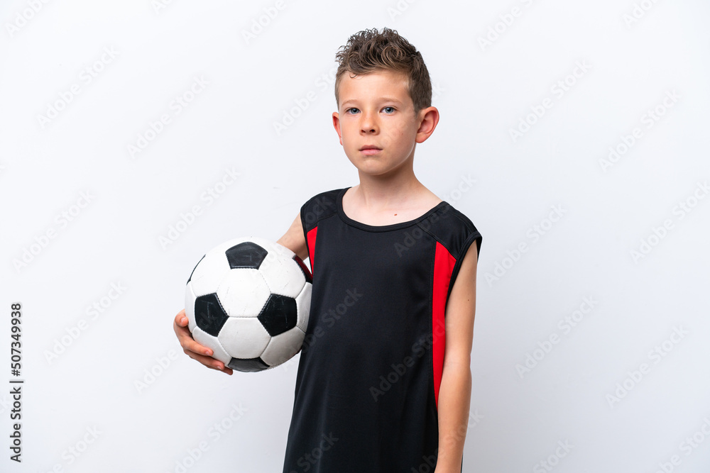 Little caucasian boy isolated on white background with soccer ball Little caucasian boy isolated on white background with soccer ball