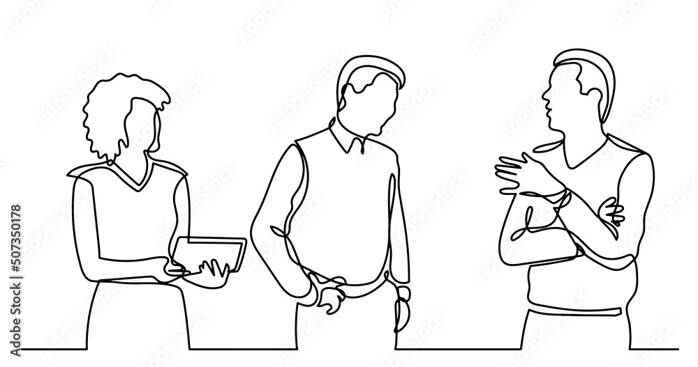 continuous line drawing of business people talking continuous line drawing of business people talking