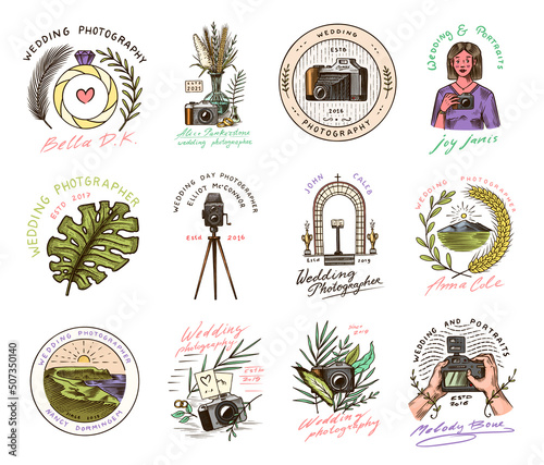 Wedding photographer badges or logos. Photo camera for the holiday. Photography Community. Templates for Retro Studio, vintage store or shop. Hand drawn sketch for postcard, banners. 