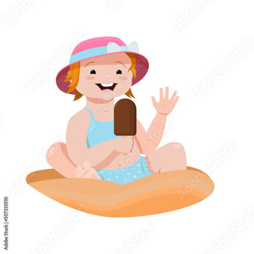 A girl with ice cream in her hands is sitting in the sand, summer, heat.