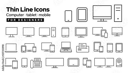 Thin line icons : computer, tablet, mobile