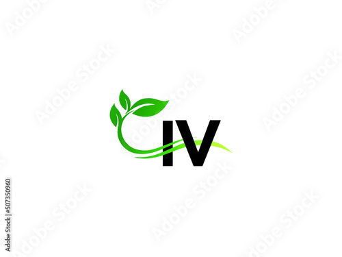 Green Leaf IV Logo Icon, Letter Iv vi Logo Letter Vector Leaf Icon Design