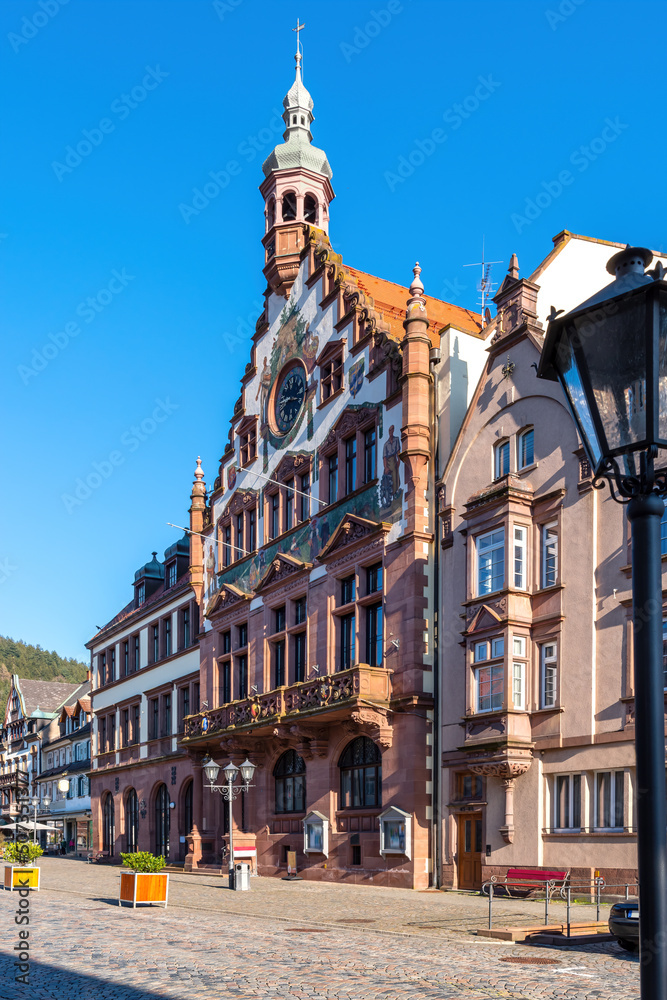 Marktstrasse with town hall in the idyllic village Wolfach, Ordenaukreis, Black Forest, Germany