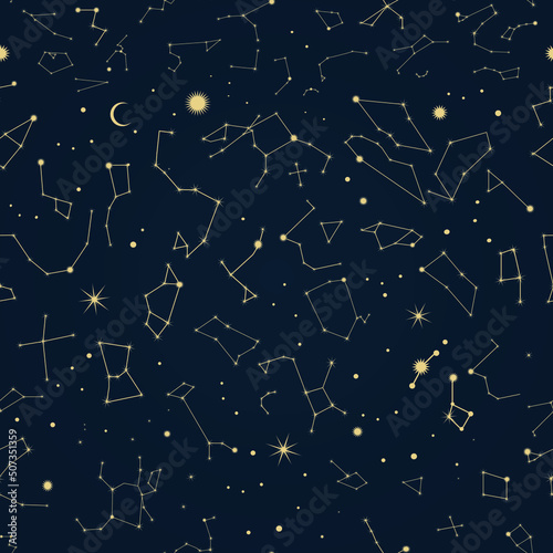 Constellations in the sky. Seamless pattern. Orion, Sagittarius, Scorpio, Cepheus, Ursa Major, etc.