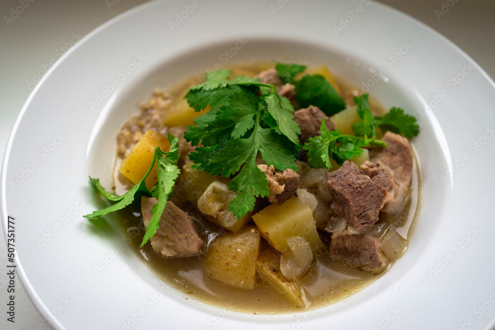 Green chili pork stew with potatoes, cilantro, and onion served in a white flat bowl Green chili pork stew with potatoes, cilantro, and onion served in a white flat bowl