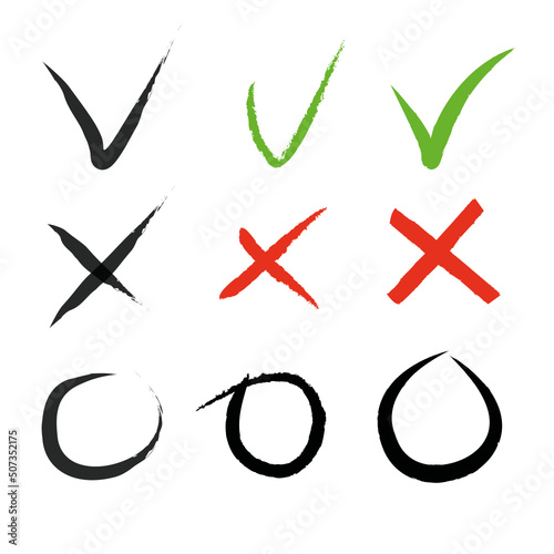 Set of simple check mark: green tick and red cross. Round and square, with sharp and rounded corners. Various ticks or tics and rejection icons set. Flat line style. Document signing, business concept