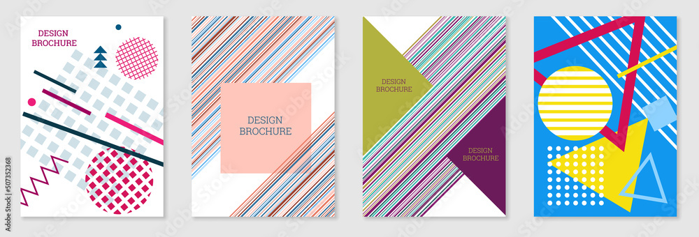 Set of cover design in Memphis style. Geometric design, abstract background. Fashionable bright cover, banner, poster, booklet. Creative colors. Set of cover design in Memphis style. Geometric design, abstract background. Fashionable bright cover, banner, poster, booklet. Creative colors.
