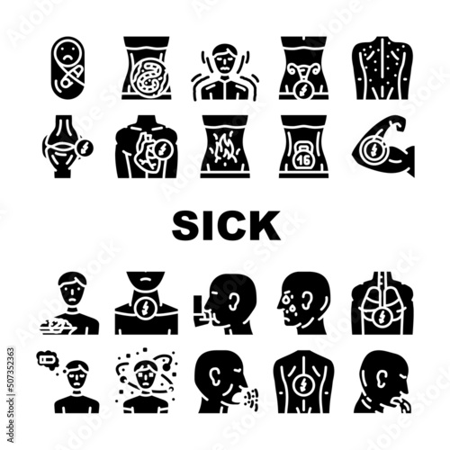 Sick Health Problem And Allergy Icons Set Vector. Children Pain And Backache Sick, Burning In Stomach And Feeling Of Heaviness, Sore Throat Disorientation Disease Glyph Pictograms Black Illustration