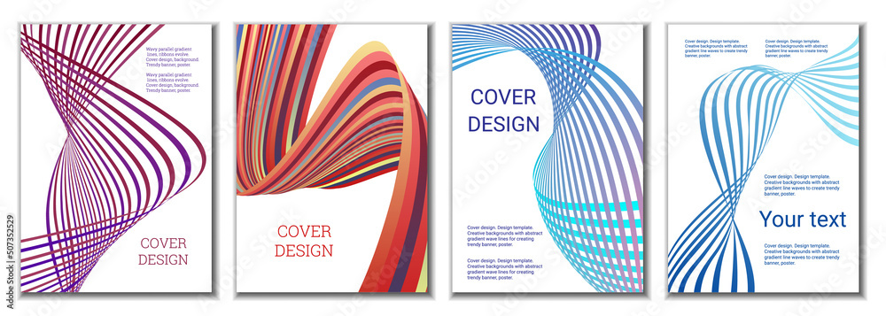 A set of 4 abstract covers. Wavy parallel gradient lines, ribbons evolve. Cover design, background. Trendy banner, poster. A set of 4 abstract covers. Wavy parallel gradient lines, ribbons evolve. Cover design, background. Trendy banner, poster.