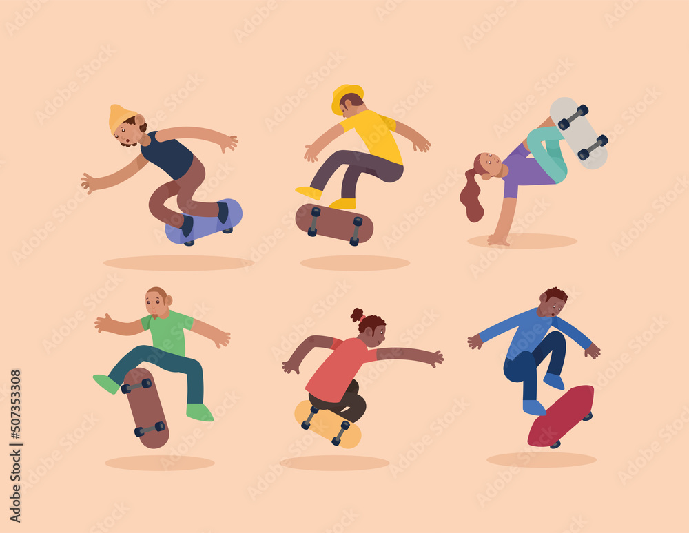 six skateboarders sport characters six skateboarders sport characters