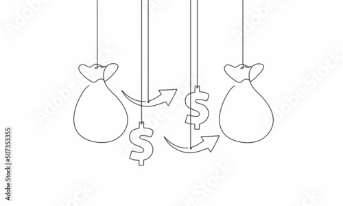 Continuous line drawing of arrow up with dollar bill and money bag, business growth, background icon, object one line, single line art, vector illustration