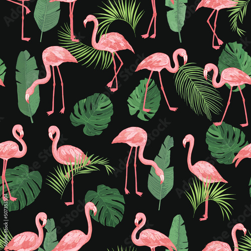 Flamingo with palm tree leaves seamless vector pattern