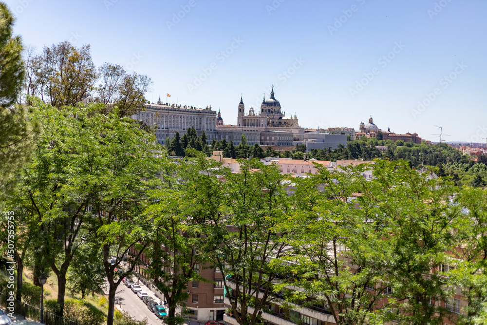 Royal Palace of Madrid (Palacio Real de Madrid) in Madrid. Clear day with blue sky, in Spain. Europe. Photography.