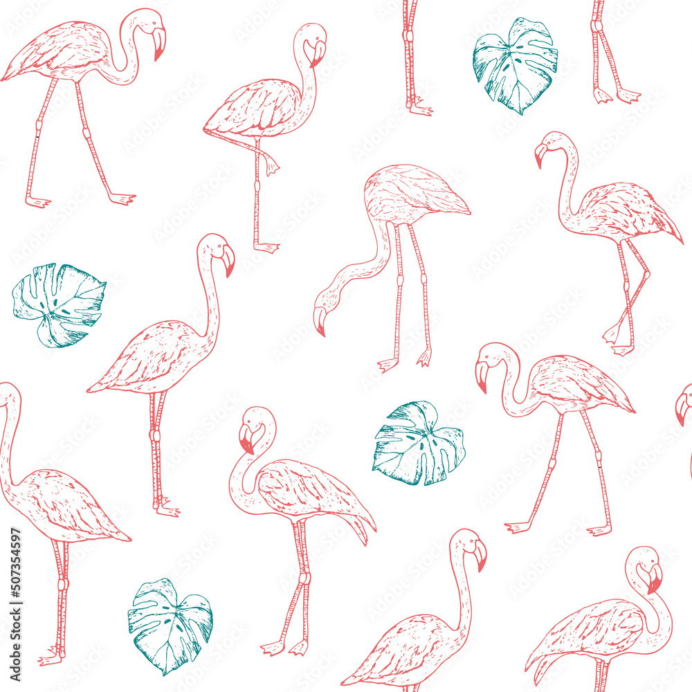 Flamingo birds with monstera leaves line graphic seamless vector pattern Flamingo birds with monstera leaves line graphic seamless vector pattern