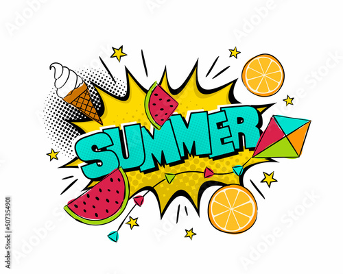 Comic juicy Summer Logo. Pop art explosion with ice cream, orange, kite and watermelon in cartoon style. Seasonal Vector illustration for sticker, badge, poster, banner or calendar.