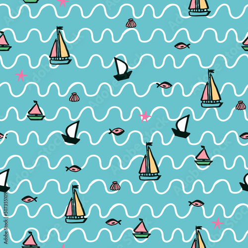 Sea boats vector seamless pattern
