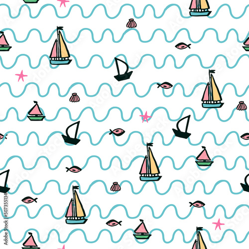 Sea boats vector seamless pattern