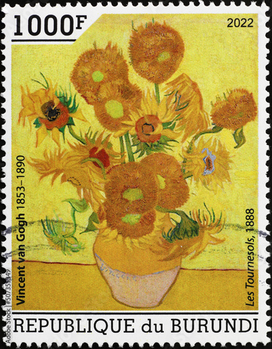 Pot of sunflowers painted by Van Gogh on postage stamp