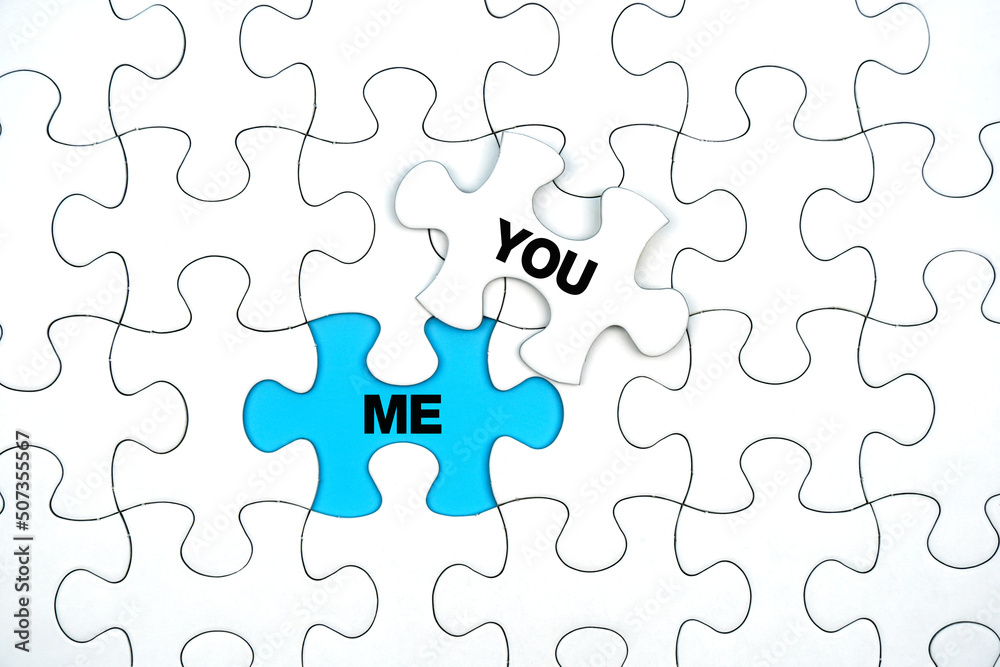 Missing Piece Jigsaw Puzzle with word you me, idea match concept. Missing Piece Jigsaw Puzzle with word you me, idea match concept.