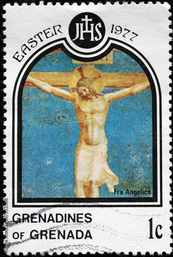 Crucified Christ by Fra Angelico on postage stamp photo