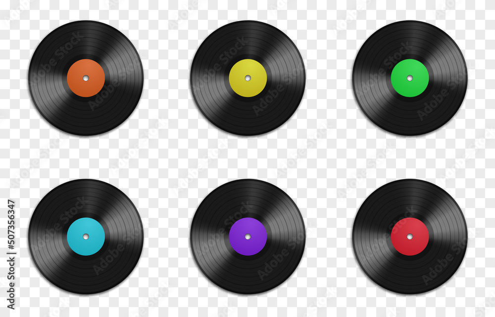 Vector set of vinyl records on an isolated transparent background. Vinyl  records in different colors PNG. Old CDs, music. PNG. Stock Vector | Adobe  Stock
