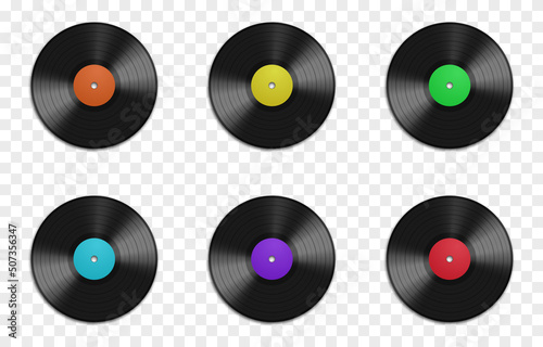 Vector set of vinyl records on an isolated transparent background. Vinyl records in different colors PNG. Old CDs, music. PNG. photo