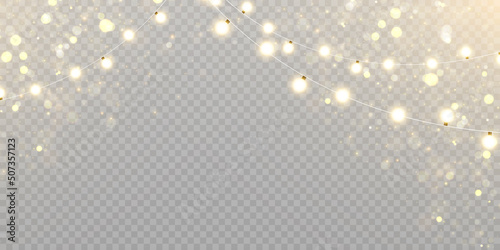 Christmas lights isolated on transparent background. Set of golden Christmas glowing garlands with sparks. For congratulations, invitations and advertising design. Vector