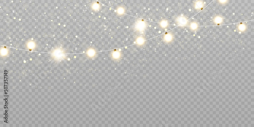Christmas lights isolated on transparent background. Set of golden Christmas glowing garlands with sparks. For congratulations, invitations and advertising design. Vector