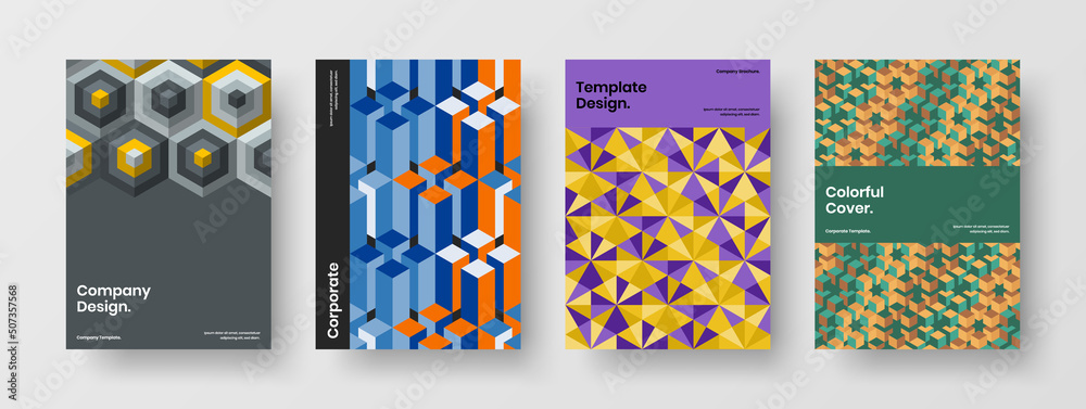 Creative mosaic hexagons company brochure layout collection. Abstract presentation design vector template bundle.