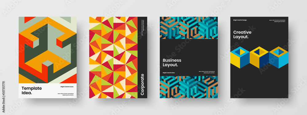 Multicolored geometric pattern brochure concept collection. Premium company identity vector design illustration bundle. Multicolored geometric pattern brochure concept collection. Premium company identity vector design illustration bundle.