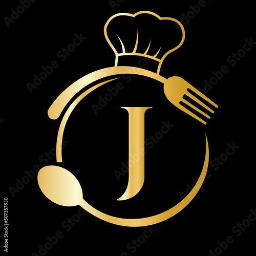 Restaurant Logo on Letter J Concept. Letter J Logo with Chef Hat, Spoon And Fork For Restaurant Logo