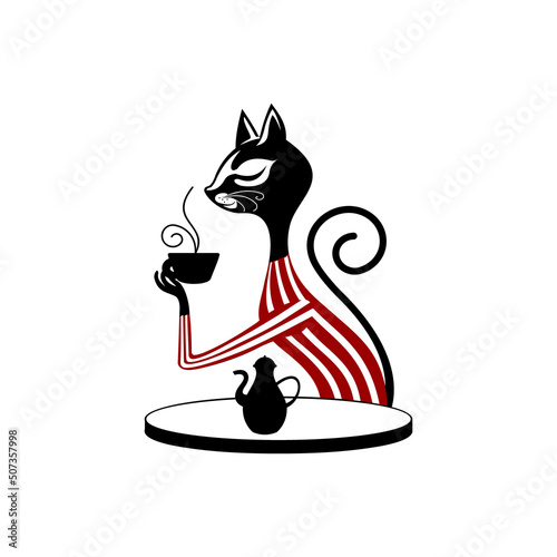 cat drinking coffee logo vintage