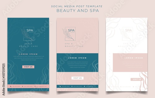 Set of social media post template in luxury green and pink background for feminine design